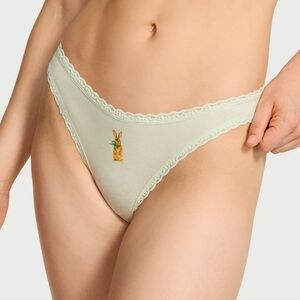 Victoria’s Secret Bunny Print Cotton Thong Panty Sage Green Lace Trim Size XL NW